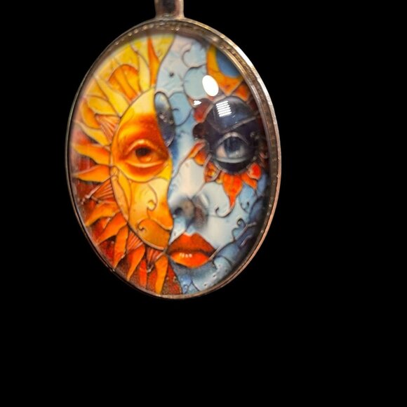 Sun Moon Face Pendant Necklace Celestial Art Fantasy Jewelry Silver Chain - Picture 5 of 7